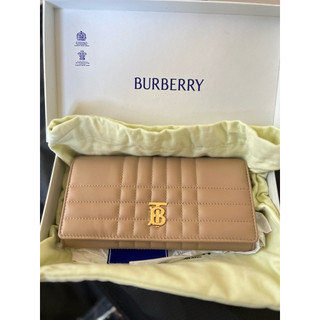 全新-BURBERRY Lola金字TB衍縫小羊皮壓釦長夾(淺褐)