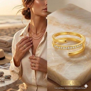 ELLIE VAIL 邁阿密防水珠寶 金色細緻鑲鑽戒指 三層螺旋設計 Giselle Dainty Spiral