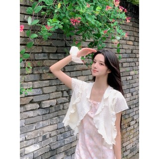 韓國代購KOREA_90 SHOP清雅氣質網拍MILKCOCOA 奶油自然皺褶荷葉翻領短袖綁帶蝴蝶結短版針織外套