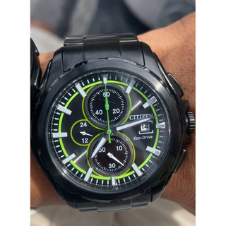Citizen 星辰錶 Eco-Drive 光動能三眼計時男錶 (CA0275-55E) 全黑螢光綠圈 手錶
