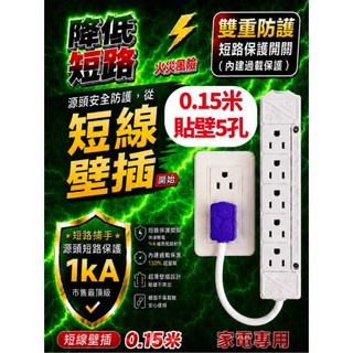 三合一 0.15M 貼壁5孔 短線壁插 短路保護 過載保護 雙重保護 延長線 帶線壁插 旅行 便攜 壁插