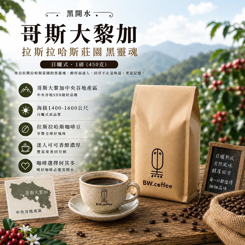 《黑開水》哥斯大黎加拉斯拉哈斯莊園黑靈魂1磅(450克)(日曬式)