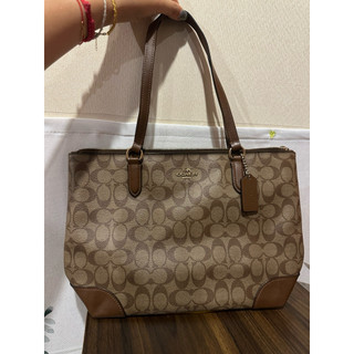 👜 【9成新正品】COACH 經典 C Logo 咖啡色拼接皮革拉鍊托特包 / 肩揹包 / 大容量通勤包 ✨
