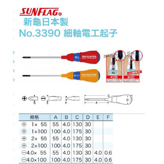 日本製 SUNFLAG 新龜 NO.3390 細軸 電工起子 螺絲起子 起子
