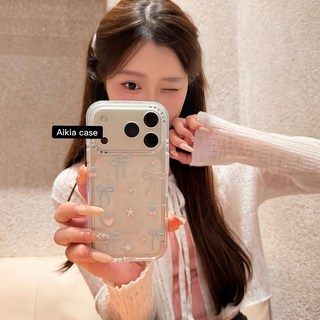 韓系ins藍粉絲帶蝴蝶結 適用於iPhone17 16 15 14 13 Pro Max 手機殼 全包亞克力軟邊硬殼