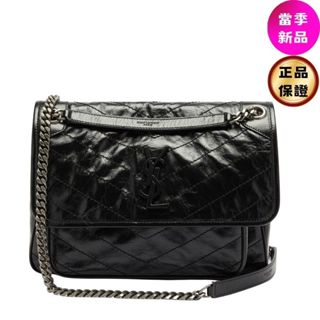 Saint Laurent 633158 YSL 中款復古皺褶小牛皮 Niki 包 黑色銀鏈