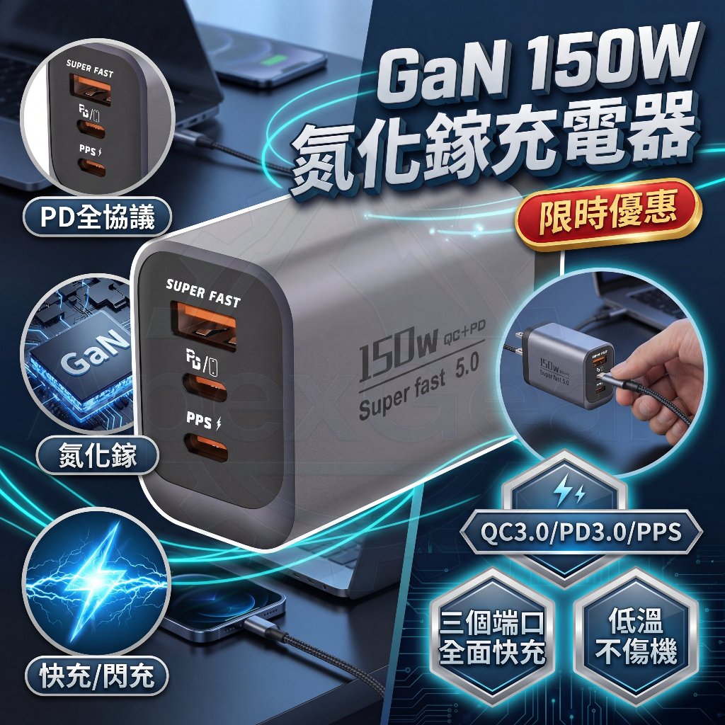 當天出貨【三孔輸出】150W氮化镓充电器 超級閃充頭 PD快充 充電頭 多孔 快充頭 Type C 豆腐頭 充電器 快充