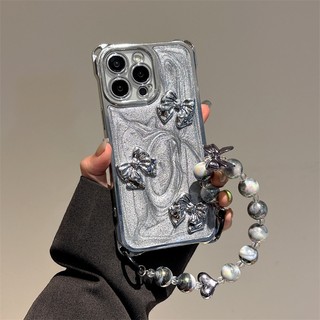 電鍍立體 防摔 iPhone 16 Pro Max 褶皺愛心蝴蝶結 高級感水泥灰手機殼 15 14 13 12 11