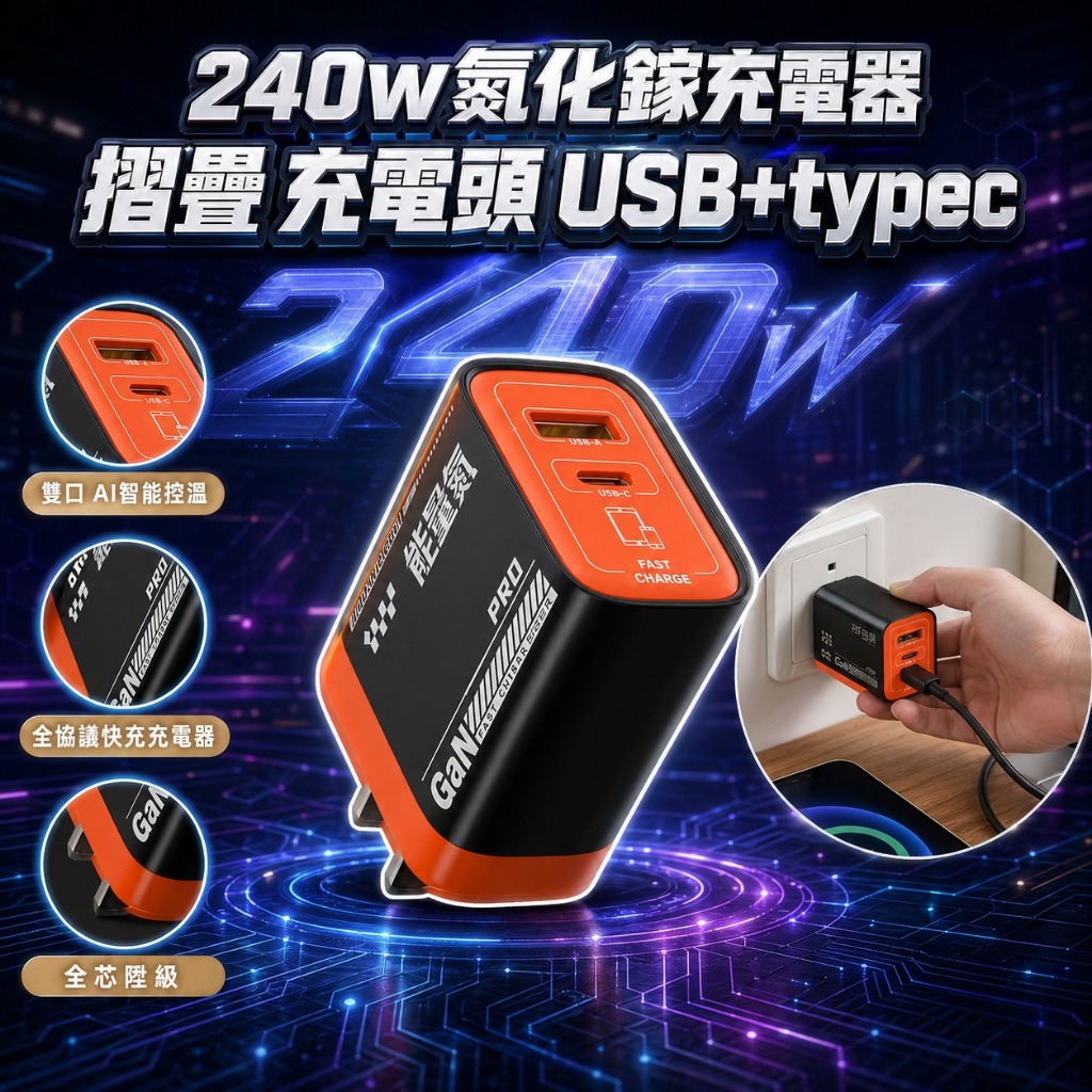 台灣出貨🚀240w充電頭  氮化鎵 摺疊 充電頭 USB+typec 雙口 AI智能控溫 全協議 快充充電器 PD充電