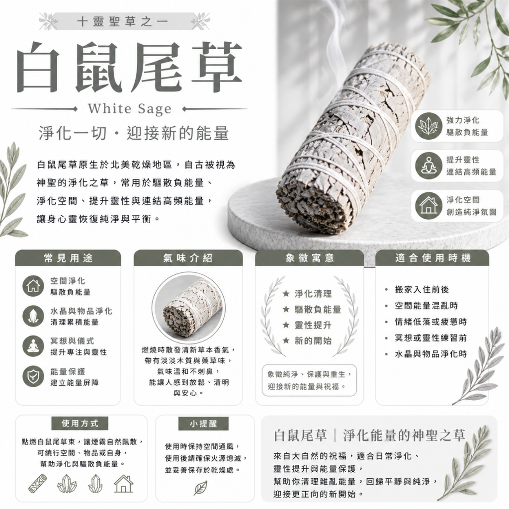 【花海薰】白鼠 尾草｜台灣現貨、實體店面，水晶手鏈串淨化、消磁｜去除負能量｜冥想、儀式用藥草束｜香氛｜薰香｜招財｜防小人