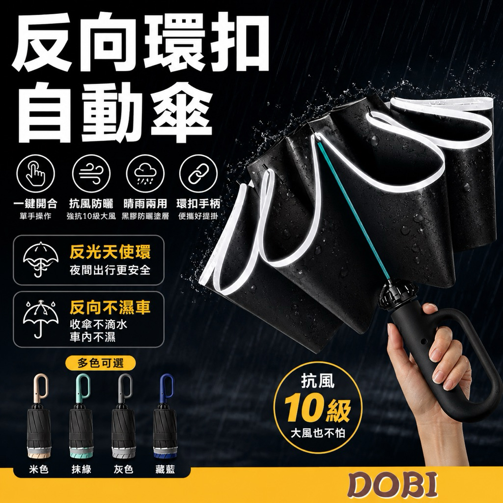 【反光天使環,開車必備反向傘】60骨反向環扣自動傘 反向傘 折疊傘 自動傘 雨傘 陽傘 摺疊傘 傘