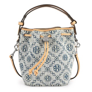 TORY BURCH T Monogram牛仔抽繩迷你手提包 斜背包 水桶包(丹寧藍)｜GoBrand購名牌