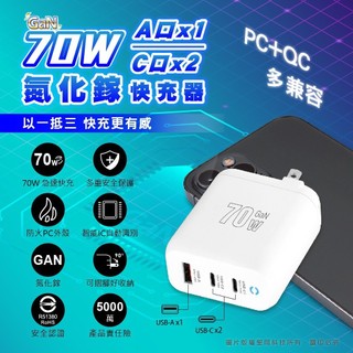【Dr.AV 聖岡科技】1A+2C 70W氮化鎵 3孔快充充電器 PD+QC 收折插腳 可充筆電 USB-703AC