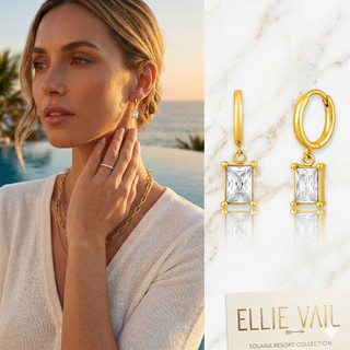 ELLIE VAIL 邁阿密防水珠寶 公主切割方鑽X金色小圓耳環 Chantel Baguette Huggie