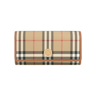BURBERRY 經典格紋及小牛皮翻蓋長夾(經典米色/石楠木棕)