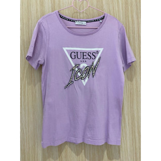 二手｜GUESS ｜GUESS 經典倒三角水鑽 Logo 短袖 T 恤 / 浪漫薰衣草紫顯白顯瘦短 T