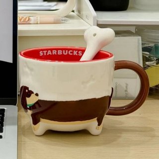 星巴克新品杯子爪爪天地系列可愛萌寵臘腸犬陶瓷馬克杯配骨頭造型攪拌勺