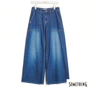 SOMETHING 女款 中腰休閒寬牛仔褲(中古藍)