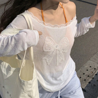 日系浪漫仙女斜肩蝴蝶結蕾絲針織上衣 防曬上衣 oversize