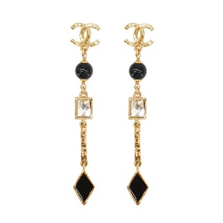 Chanel 金雙C logo黑珍珠幾何不對稱垂式造型耳環(金)