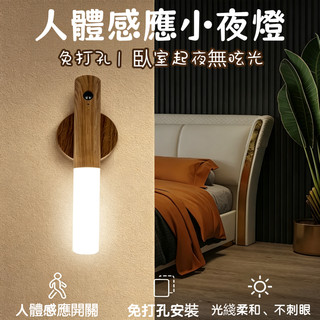 現貨速發 充電式磁吸人體感應小夜燈 免釘安裝實木手柄 LED壁掛燈 床頭閱讀燈 衣櫃樓梯走廊臥室氛圍燈