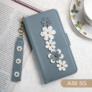 Aguchi 亞古奇 Samsung Galaxy A56 5G 花語 鉚釘立體花朵手機皮套 附皮質璀璨吊飾 - 蔚藍