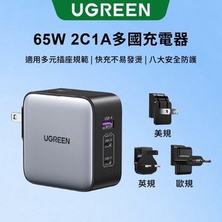 【綠聯】65W GaN多國充電器｜PD｜充電頭｜快充充電頭｜筆電｜歐規／美規／英規插頭