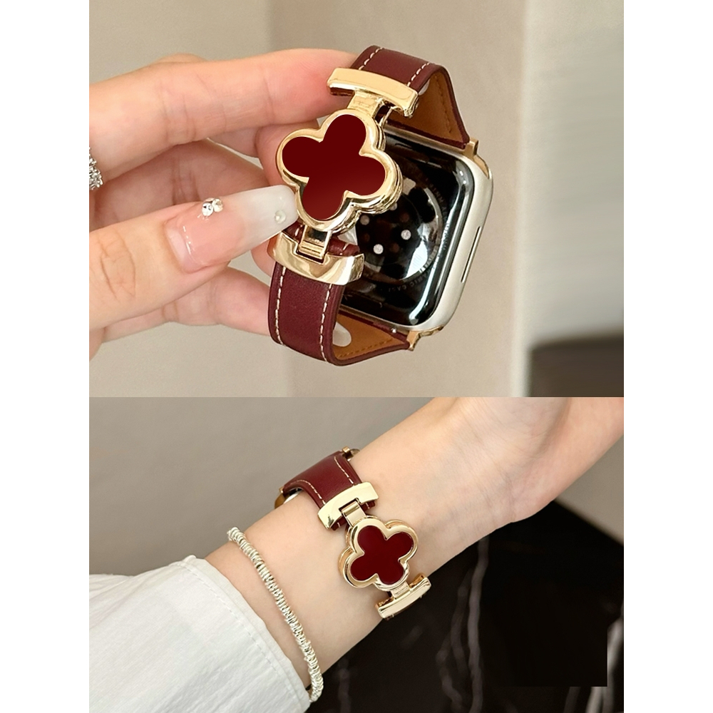 《隔日到貨》適用 APPLE WATCH 四葉草磁吸扣錶帶 真皮錶帶 SE S11 S10 46mm 45mm 女士錶帶