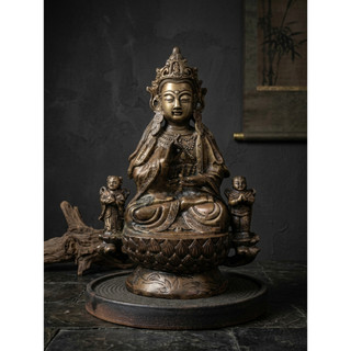 早期藏傳佛教銅雕 - 蓮花生大士三尊像（古董/收藏/銅爐/香爐/銅器/擺飾/珍藏/明朝/清朝/藝品）