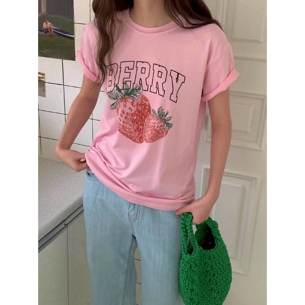 h/I01-0005 Organic strawberry T-shirt 甜美有機草莓彈性T