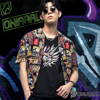 BLUE WAY 鬼洗 ONIARAI - 男款 迷幻街頭夏日滿版短袖襯衫
