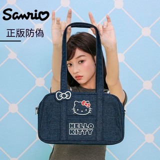 INS風新款【三麗鷗牛仔凱蒂貓保齡球包】hello Kitty單肩包 KT單寧牛仔包 女生可愛包包