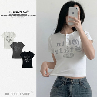 【JIN】Y2K系列🇰🇷Crack Snap 半開襟 按扣 裂紋 文字 修身 短袖上衣（3color）