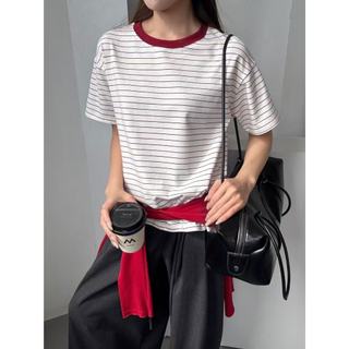 【CHILL】現貨 隨性氛圍撞色領．細條紋親膚短Tee 韓系女裝 條紋控 美式復古 撞色T恤 顯瘦穿搭 百搭基礎款