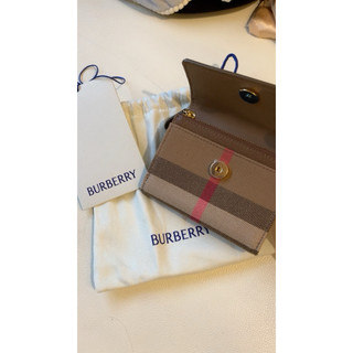 BURBERRY 巴寶莉Lancaster 牛皮拚格紋帆布三折零錢短夾 皮夾