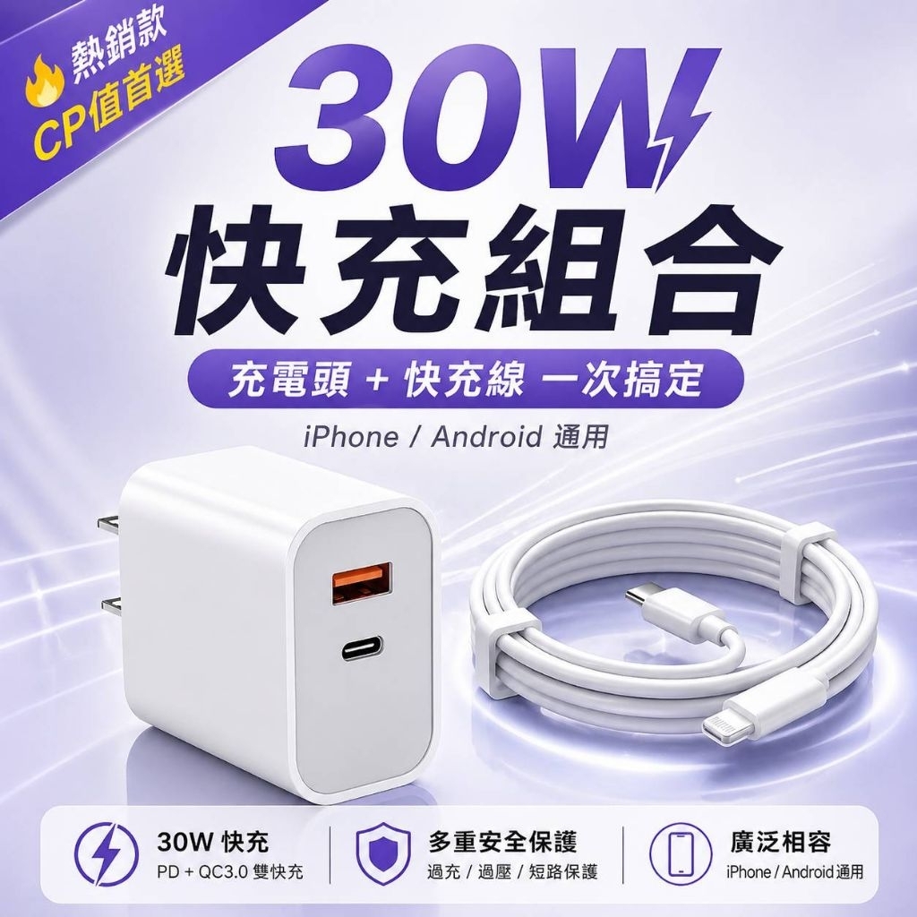 【台灣現貨】30W PD快充充電器 雙孔充電頭 USB-C+USB-A QC3.0 iPhone/安卓通用 快充頭