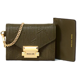 MICHAEL KORS 皮革 Whitney 鉚釘裝飾小鏈條可轉換手提雙折錢包帶卡包 2 件套(橄欖綠)