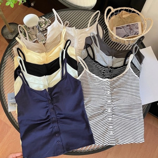 【Super Q】1060#皺褶鈕扣細肩帶小可愛 細肩帶背心 Bra top 小可愛 胸墊背心 條紋小可愛 平口背心