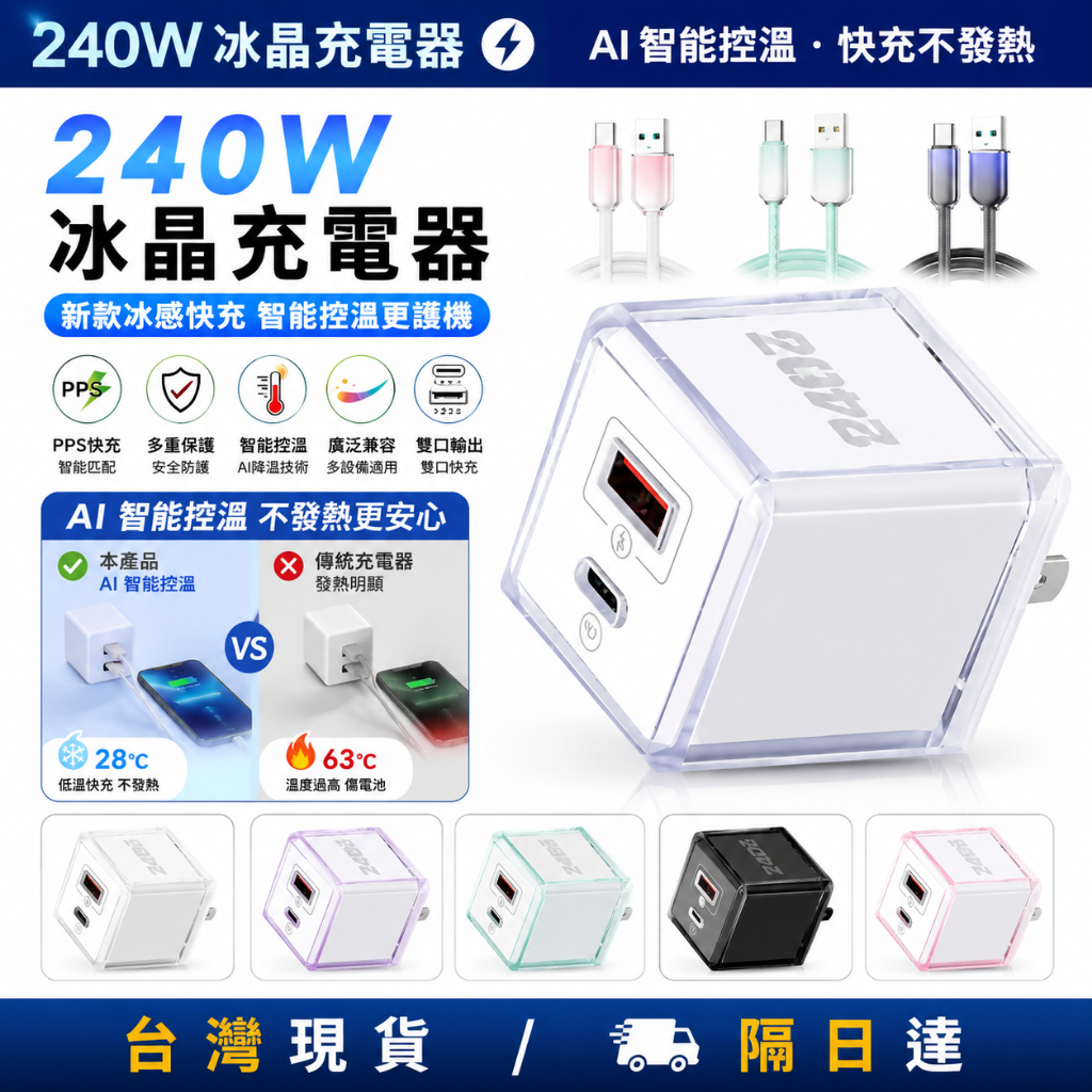 ⚡現貨隔日配⚡240W氮化鎵充電頭  PD快充頭 雙孔充電器 USB/Typec 豆腐頭 超mini豆腐塊 氮化鎵快充