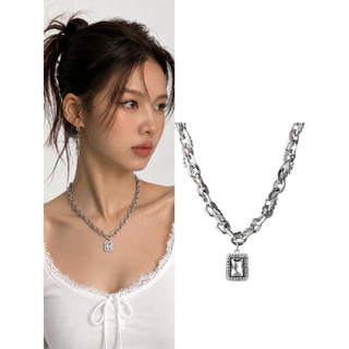 Aura｜高級感方鑽吊墜項鍊💎 復古銀色鏈條 鈦鋼項鍊 男女皆可 韓系街頭配件 復古 ACC