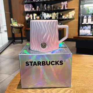 星巴克杯子粉色條紋浮雕款徽章陶瓷馬克杯辦公室咖啡杯送節日禮物