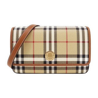 BURBERRY經典LOGO格紋翻蓋斜背包(卡其)｜100%原廠真品｜JS Maxx官方旗艦館