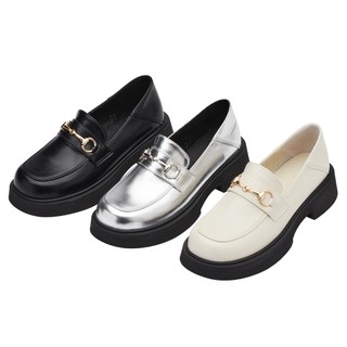 【Grace Gift】樂福鞋 包鞋 皮鞋【圓頭馬銜扣輕量中跟樂福鞋】3色 35-40號 厚底 樂福鞋女