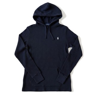 【RALPH LAUREN】POLO刺繡小馬中性款華夫格長袖連帽T恤上衣(深藍/M號)