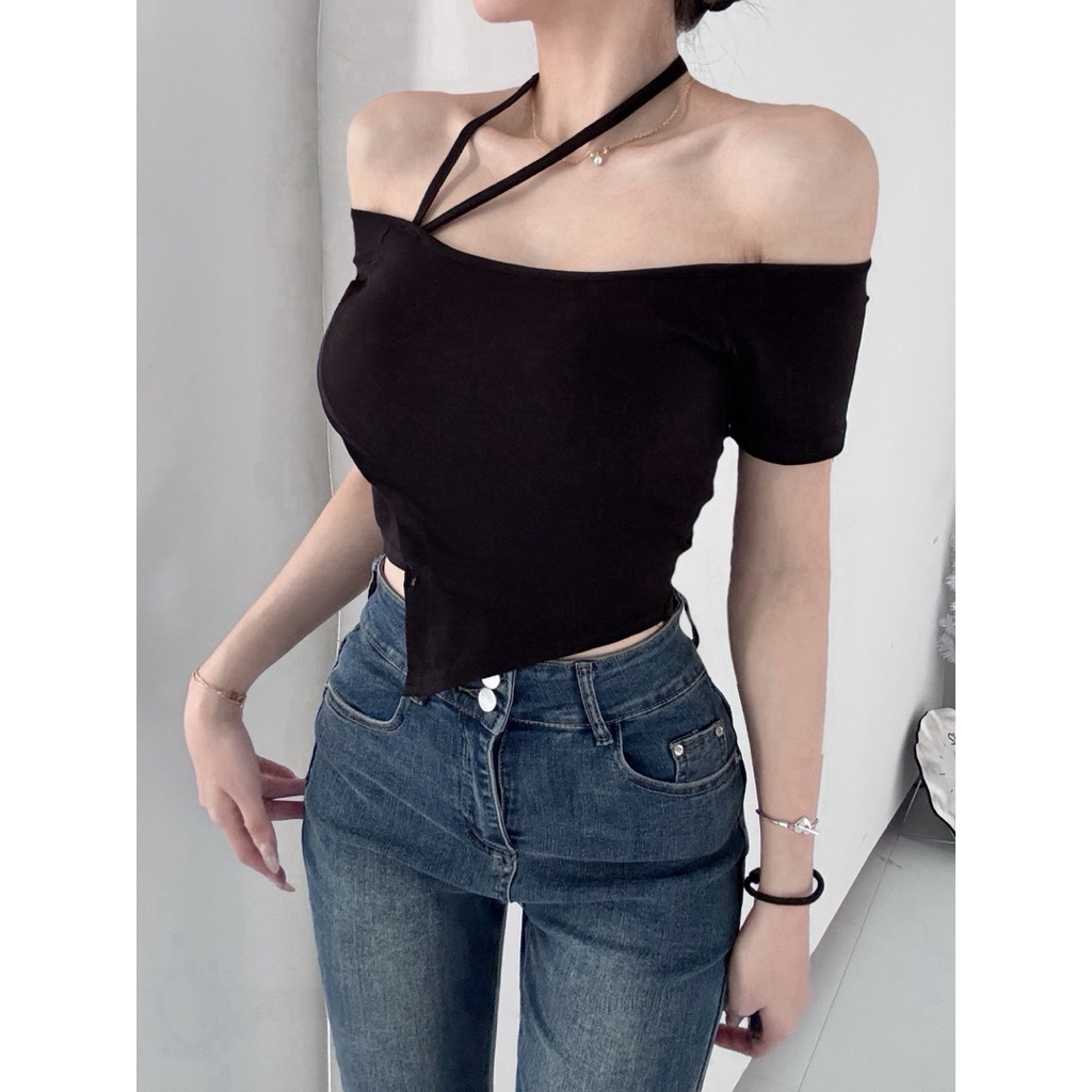 Meetu | 預購 斜繩掛脖一字領內杯不規則短版修身顯瘦短袖上衣甜辣上衣