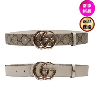 Gucci 女款 847131 GG Supreme 3 公分寬雙面腰帶 米色帆布／象牙白 75/80/85/90公分