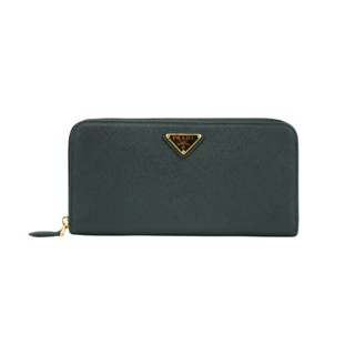 Prada Saffiano 防刮牛皮金三角牌logo拉鍊長夾(1ML506-黑)