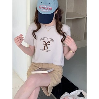 【CHILL】現貨 質感好評！Pretty蝴蝶結正肩短Tee 圓領T 正韓感 質感棉T 字母短T 韓系穿搭
