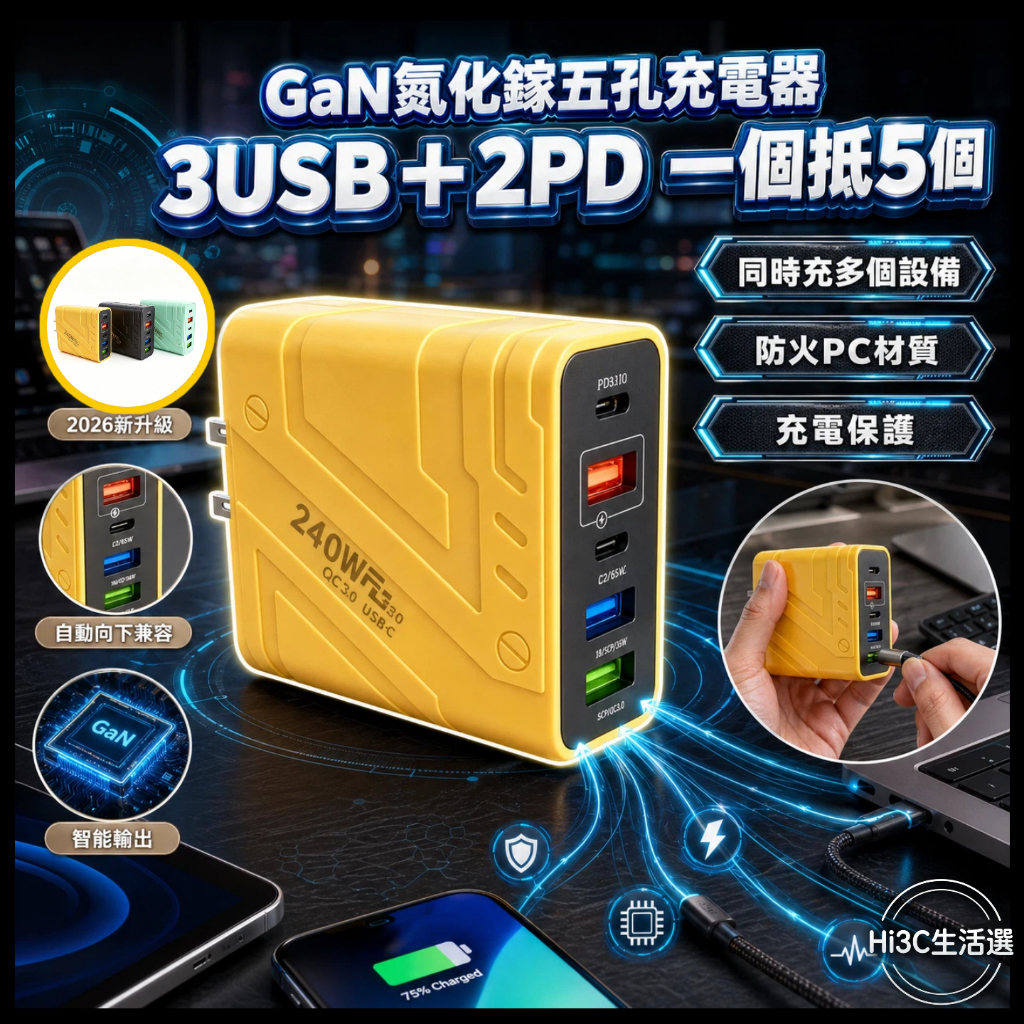 【當日出貨】多孔充電頭 type c 240W氮化鎵GaN PD充電頭 豆腐頭 usb充電器 適用平果安卓華為 插頭