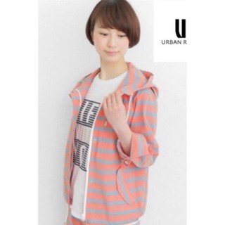 URBAN RESEARCH 女生 粉藍條紋 連帽 拉鍊 薄外套 F號
